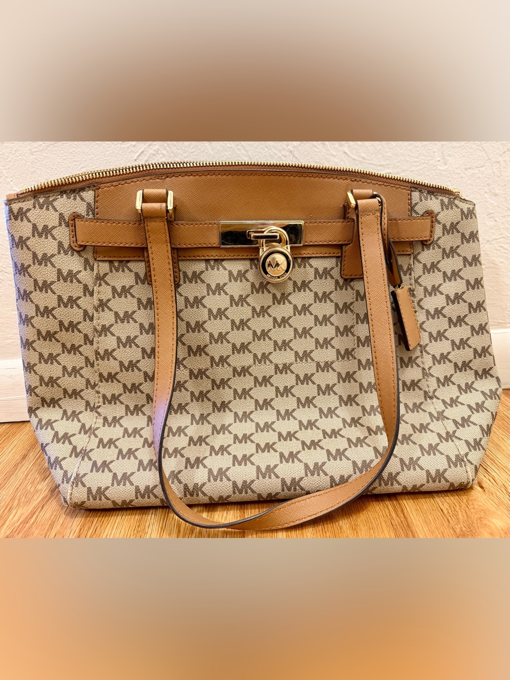 Michael Kors Beige and Tan MK Monogram Tote - Picture 1 of 8